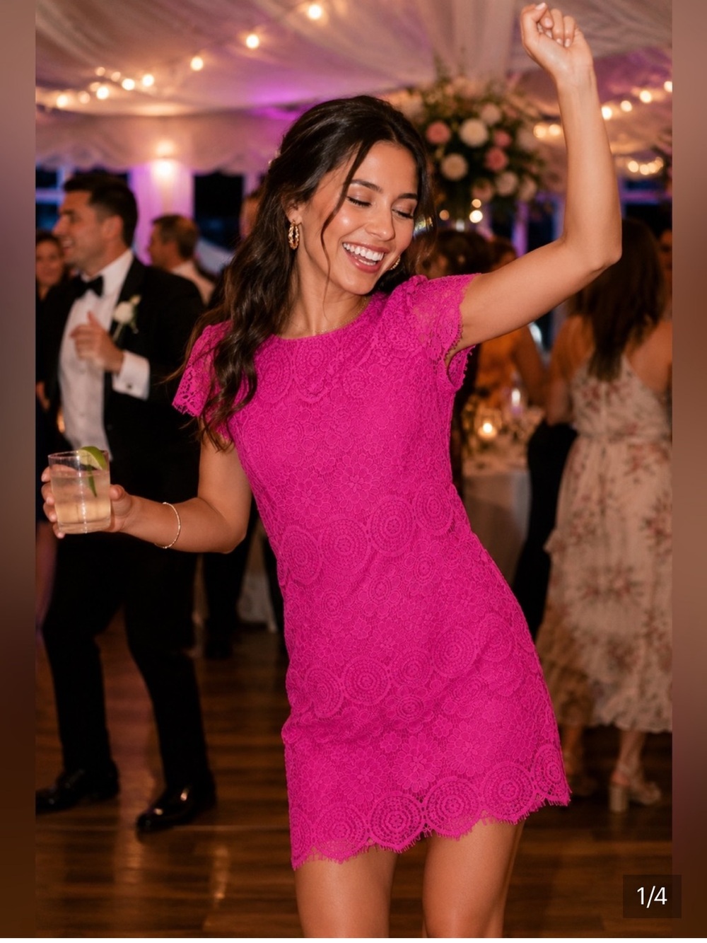 Laundry by Shelli Segal hot pink lace shift dress featuring a scallop hem